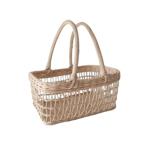 Cesta de mimbre beige crema tejida a mano con diseño de rejilla abierta, asas móviles dobles, rectangular, con tapa abierta, para almacenamiento y pícnic - Product Image 1