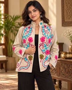 Beige <b>Velvet</b> Suzani Embroidered <b>Jacket</b> for <b>Women</b> Floral Threadwork Ethnic Open Front <b>Jacket</b> Designer Festive Winter Wear - Product Image 2