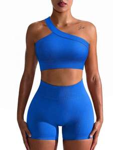 Ensemble de yoga pour femme, haut court asymétrique bleu à une épaule et short taille haute, design asymétrique, ODM OEM, logo personnalisé, respirant, Spandex Polyester - Product Image 2
