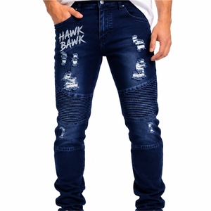 Vaqueros de mezclilla personalizados para hombre, estilo motero, de pierna recta, desgastados, lavados, estilo hip hop, hechos a medida, con cremallera resistente - Product Image 1