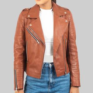 Chaqueta de Cuero Genuino Marrón para Mujer Elaine - Chaqueta de Invierno Transpirable con Cierre de Cremallera - Chaqueta de Cuero Marrón - Product Image 1