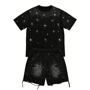 Conjuntos de camisas y pantalones cortos negros para hombre, con logotipo impreso personalizado, lavado ácido y pedrería, los más vendidos, para ropa urbana vintage de alta calidad. - Product Image 1