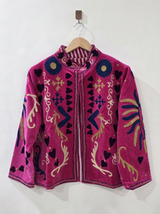 Wholesale <b>Women</b> Pink <b>Velvet</b> <b>Jacket</b> Hand Embroidered Vintage Ethnic Boho Open Front Coat Short Casual Winter Outerwear - Product Image 3