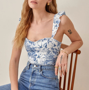 Custom Logo Breathable Knitted Short Women's Tank <strong>Top</strong> <strong>Blue</strong> White Square Neck Ruffle Strap Sleeveless Summer <strong>Cami</strong> - Product Image 2