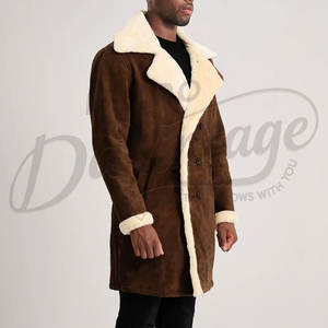 Manteau long en daim marron pour homme, doublure en fausse fourrure crème de luxe, chaud pour l'hiver, à double boutonnage - Product Image 5