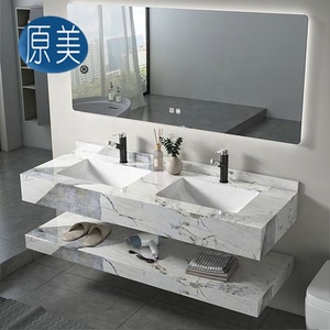 Lavabos dobles de 1400mm, losa de mármol brillante de lujo, lavabo sin costuras, tocador, estilo moderno, juego de armario de baño de piedra sinterizada con espejo - Product Image 3