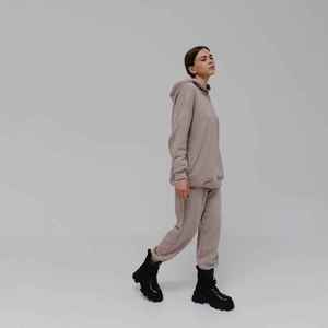 Custom Unisex Taupe Tracksuit <b>Set</b> Hooded Sweatshirt <b>Jogger</b> Pants <b>Matching</b> Two Piece Streetwear Sportswear Wholesale Apparel - Product Image 1