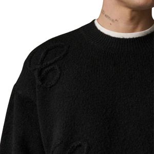 Suéter de Punto con Apliques Script, Suéter Negro Bordado, Cuello Redondo Informal, Algodón Premium, Ropa de Invierno Cómoda, Moda Masculina - Product Image 4
