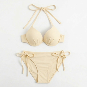 Conjunto de bikini sexy para mujer, nuevo, transpirable, sin costuras, de punto, con estampado sólido y logotipo en la copa. - Product Image 5