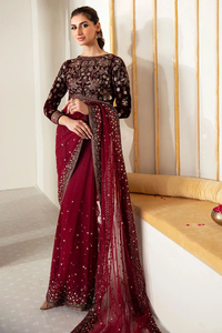 Ensemble de Blouse et Saree de Mariage Pakistanais pour Femme, en Velours Marron et Rayonne, Longueur Ras du Sol, Coupe Trapèze, Grande Taille, Robe de Luxe - Product Image 3