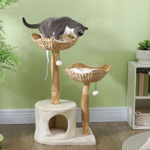 Albero per Gatti Moderno da 37 Pollici con Tiragraffi in Legno, Cuccette, Cuscini e Kit Anti-Ribaltamento, Inclusi Palline Giocattolo - Product Image 1