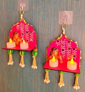 Traditional Rajasthani Bani Thani MDF Wall Hanging Tea <b>Light</b> Candle Holder with Gota Patti and Pearl Latkan - Product Image 1