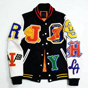 Wholesale Custom Embroidered Varsity <b>Jackets</b> Stand Collar <b>Jacket</b> Patch Designs Black White Polyester Autumn Wear <b>Men's</b> <b>Jackets</b> - Product Image 1