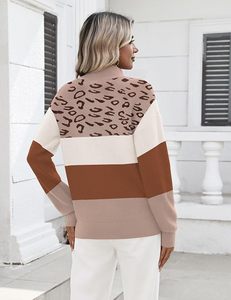 Suéter de Punto con Cierre y Cuello en V para Mujer, Estampado de Leopardo, Transpirable, de Lana/Viscosa, Estilo Casual, Bloques de Color, Manga Larga, para Otoño - Product Image 3