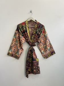 <b>Vintage</b> Patchwork Short Silk <b>Kimono</b> Indian Silk Robe Dress For Women - Product Image 4