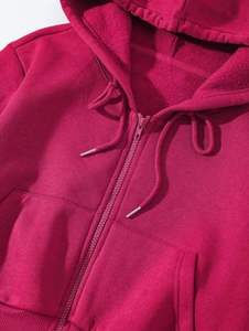 Sweat à capuche court zippé couleur unie fuchsia coupe oversize manches classiques poche décontracté tricoté pour l'automne unisexe - Product Image 5