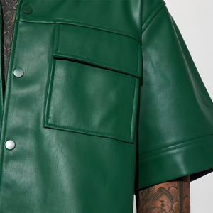 <b>Men</b>’s Faux Leather Shirt and Camo Shorts Set Cropped Oversized PU Shirt Streetwear Warmup Shorts Casual Outfit - Product Image 3