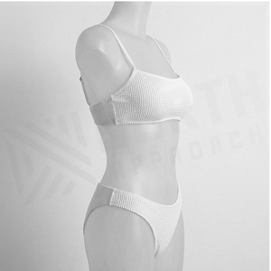 <b>White</b> Knitted <b>Bikini</b> <b>Set</b> Bandeau Top With Ribbed Texture Hipster Bottoms Women's Swimwear Two Piece Stretch Fabric - Product Image 3