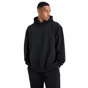 Conjunto Deportivo con Capucha para Hombre, Color Negro Sólido, Corte Holgado, 100% Algodón, Ropa Casual de Otoño con Bolsillos Laterales y Cintura Elástica - Product Image 3