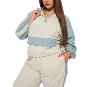 Ensemble de survêtement colorblock grande taille pour femme : veste coupe-vent à demi-zip et pantalon de sport - Product Image 1