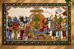 Pintura Étnica Odisha Pattachitra con Escenas Mitológicas, Obra de Arte Tradicional Hecha a Mano para Colgar en la Pared de la Sala de Estar, Oficina o Recepción - Product Image 1