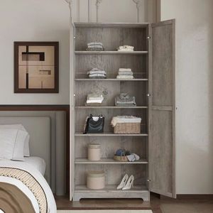 Armadio retrò grigio a 4 ripiani in legno con 2 ante in truciolato impiallacciato - Product Image 2