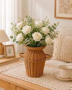 Jarrón de ratán con asas, estilo bohemio, maceta interior para flores secas y plantas verdes, macetero rústico tejido, decoración de escritorio - Product Image 6