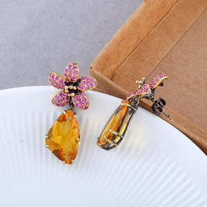 Pendientes Colgantes con Forma de Flor, con Engaste de Pavé Morado y Piedra de Citrino Natural, Joyería Fina Romántica para Mujer, Chapados en Oro de 18K - Product Image 4