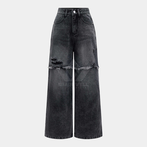 Jean en denim noir délavé pour femme, coupe large, taille haute, décontracté, avec poches plaquées, longueur intégrale, style tendance - Product Image 6