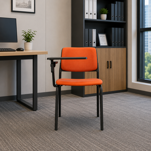 Chaise de bureau moderne multifonctionnelle KINSHA XE-PT avec accoudoirs fixes, tablette d'écriture, siège en tissu orange, structure métallique, empilable - Product Image 1