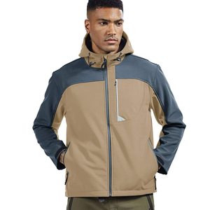 Chaqueta Softshell para Hombre con Paneles en Contraste y Logotipo Personalizado, Forro Polar, Capucha, para Actividades al Aire Libre, Color Bronceado y Azul Marino - Product Image 3