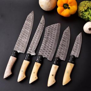 Hand Forged Five Piece Damascus Steel Chef <b>Knife</b> Set Bone Handles <b>Sharp</b> Straight Edge Custom <b>Kitchen</b> <b>Knife</b> Set with Bag - Product Image 1