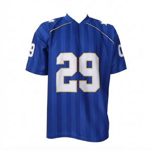Custom Men's Football Jersey Blue White Gold Striped 100% Polyester Mesh V-neck Plus Size <b>Athletic</b> Sports Top Number 29 Team - Product Image 1