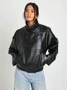 Blouson court en cuir PU pour femme, style européen et américain, col montant, coupe ample, décontracté, style urbain, texturé, polyvalent, style motard - Product Image 1