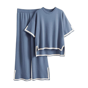 Ensemble de survêtement décontracté pour femme en coton bleu à manches courtes, col rond, coupe ample, respirant, couleur unie, pantalon long, idéal pour l'été - Product Image 1