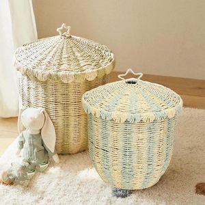 Green Yellow Cute Eco-Friendly Paper Rope Woven Storage <b>Basket</b> with Lid <b>for</b> Laundry Toy Home Storage (<b>Flower</b> Shape) - Product Image 4