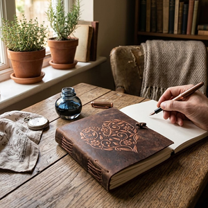 Diario Rústico de Cuero Genuino con Diseño de Corazón Grabado, Cuaderno Hecho a Mano de 100 Hojas, Regalo Impreso para Uso Personal - Product Image 1