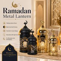 Lanterne en métal Ramadan en gros avec motif croissant de lune et mosquée, et lumière LED pour la décoration de table et de maison pour l'Aïd Moubarak