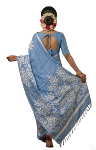 Sari bleu aqua à imprimé floral, tissu en soie pure Bishnupuri, pour femmes, Inde, Pakistan, Bangladesh, sari traditionnel - Product Image 2