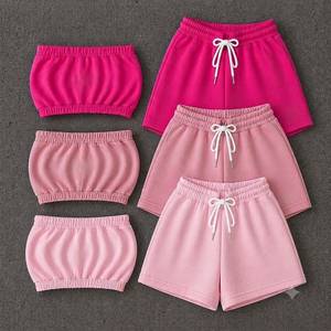 Women's Sporty 2-<b>Piece</b> Spring Shorts <b>Set</b> Bandeau Crop Top & Fleece for Shorts Quick Dry Spandex - Product Image 1