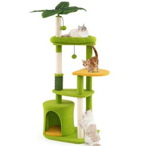 Arbre à chat compact de 48 pouces avec feuilles tropicales, auto-toilettant et griffoirs, couleurs vert et orange - Product Image 4