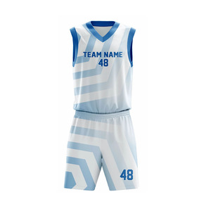 Uniforme de Baloncesto Sublimado Personalizado, Conjunto de Camiseta sin Mangas y Pantalones Cortos con Diseño Geométrico Blanco y Azul, Absorbente de Humedad, Unisex para Adultos - Product Image 5