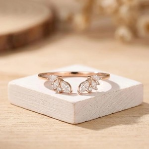 Fine IGI Certificate 10K 14K 18K Solid Gold Marquise Lab Grown Diamond <b>Open</b> Chevron Curved Wedding Band Platinum Minimalist <b>Ring</b> - Product Image 1