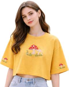 เสื้อยืดครอปสีเหลืองมัสตาร์ดสำหรับผู้หญิง ปักลายเห็ด แขนสั้น สไตล์ลำลอง แฟชั่น ผ้าคอตตอนผสม เนื้อนุ่ม เสื้อผู้หญิงสำหรับฤดูร้อน ขายส่ง - Product Image 1