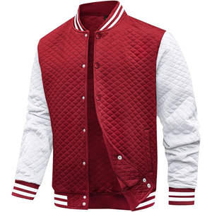 <b>Men's</b> Red White Varsity <b>Jacket</b> Quilted Color Blocking Turn-down Collar Zipper Closure Preppy Style Autumn Wear Regular Fit - Product Image 1