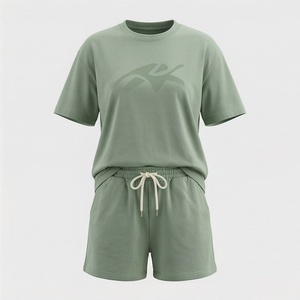 Conjunto de 2 Piezas para Mujer, Tejido, Verde Sólido, Casual, Camiseta de Manga Corta y Pantalones Cortos por Encima de la Rodilla, Cuello Redondo, Corte Holgado, Primavera - Product Image 1