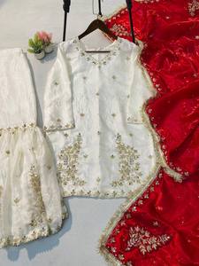 TOP SHARARA DUPATTA FANDY SILK REAL MIRROR SEQUNCE EMBROIDERY WORK LONG SLEEVE SUIT - Product Image 3
