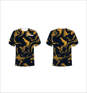 Camiseta Deportiva Ligera de Manga Corta Sublimada Personalizada con Patrón Abstracto de Mármol Líquido Negro y Dorado - Product Image 1