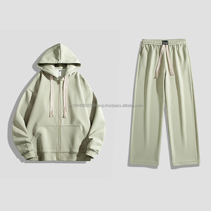Wholesale Custom 350g <b>Heavy</b>-<b>Duty</b> Fleece Thickened Double-Head <b>Zipper</b> Hoodie Pant Sets Casual Knitted Pullover for Both Autumn - Product Image 1