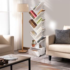 Libreria Moderna Bianca con 10 Ripiani e Cassetto Pieghevole in Tessuto - Design Angolare Salvaspazio - Product Image 4